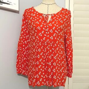 EUC Christian Siriano Women's‎ Large Bright Orange Floral Peasant Blouse Tunic